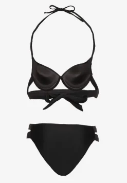 Czarne Bikini Majtki Figi z Wycięciami i Biustonosz z Ozdobnymi Paskami Kinalana