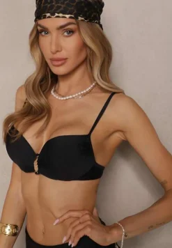 Czarne Bikini Majtki Figi i Biustonosz z Metaliczną Ozdobą Kinalenna