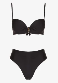 Czarne Bikini Majtki Figi i Biustonosz z Metaliczną Ozdobą Kinalenna