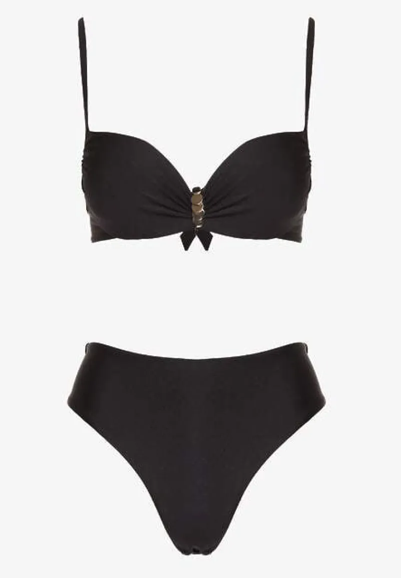 Czarne Bikini Majtki Figi i Biustonosz z Metaliczną Ozdobą Kinalenna