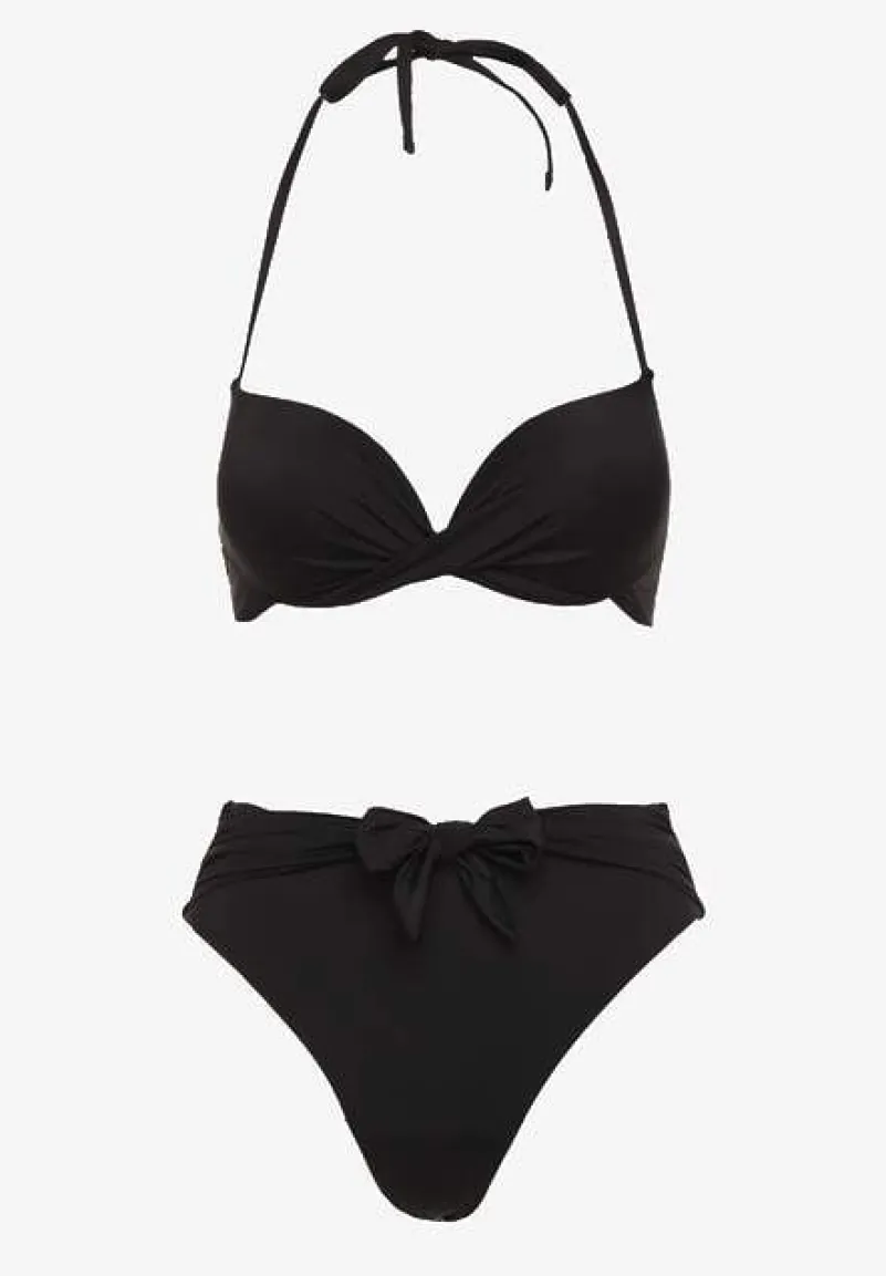 Czarne Bikini Majtki Figi i Biustonosz Ozdobione Wiązaniem Saniorie