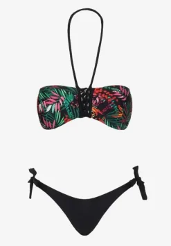 Czarne Bikini Majtki Figi ze Sznurkami po Bokach i Usztywniany Biustonosz z Wiązaniem Natmarie