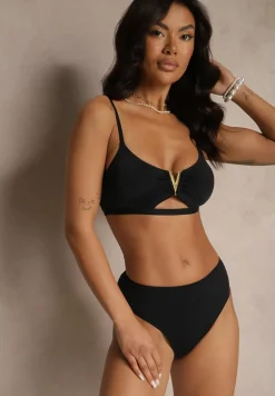 Czarne Bikini Majtki Figi i Biustonosz Ozdobiony Metaliczną Aplikacją Kinniela