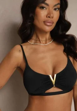Czarne Bikini Majtki Figi i Biustonosz Ozdobiony Metaliczną Aplikacją Kinniela