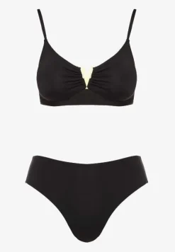 Czarne Bikini Majtki Figi i Biustonosz Ozdobiony Metaliczną Aplikacją Kinniela