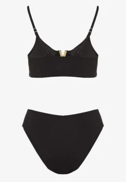 Czarne Bikini Majtki Figi i Biustonosz Ozdobiony Metaliczną Aplikacją Kinniela