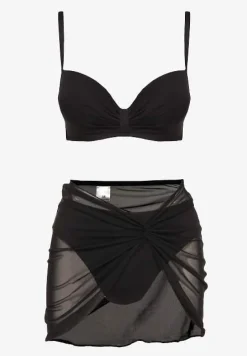 Czarne Bikini Majtki Typu Figi Marszczony Biustonosz i Pareo Natovena