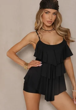 Czarne Bikini Majtki w Stylu Szortów i Góra z Falbankami Kinerisela