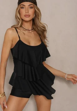 Czarne Bikini Majtki w Stylu Szortów i Góra z Falbankami Kinerisela