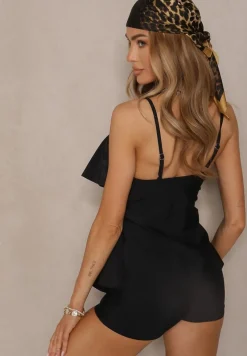 Czarne Bikini Majtki w Stylu Szortów i Góra z Falbankami Kinerisela