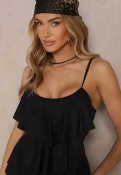 Czarne Bikini Majtki w Stylu Szortów i Góra z Falbankami Kinerisela