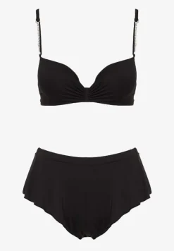 Czarne Bikini Usztywniany Biustonosz z Cyrkoniami i Spodenki Kąpielowe Wykończone Gumką w Pasie Rilamia