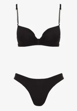 Czarne Bikini Usztywniany Biustonosz z Cyrkoniami i Spodenki Kąpielowe Wykończone Gumką w Pasie Rilamia