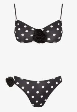 Czarne Bikini w Grochy z Kwiatowymi Aplikacjami Biustonosz i Figi Loritia