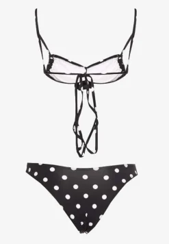 Czarne Bikini w Grochy z Kwiatowymi Aplikacjami Biustonosz i Figi Loritia