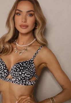 Czarne Bikini w Panterkowy Wzór Biustonosz i Majtki Figi Zdobione Wycięciami Savrienne