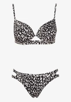 Czarne Bikini w Panterkowy Wzór Biustonosz i Majtki Figi Zdobione Wycięciami Savrienne