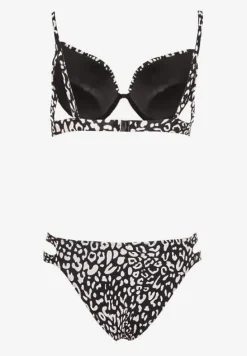 Czarne Bikini w Panterkowy Wzór Biustonosz i Majtki Figi Zdobione Wycięciami Savrienne