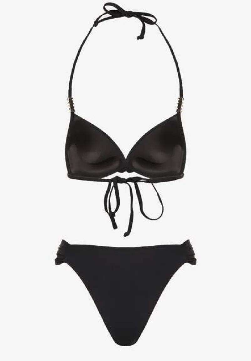 Czarne Bikini Wiązany Biustonosz Push Up i Majtki Typu Figi Mirisenia