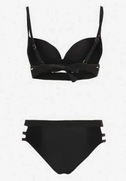 Czarne Bikini z Ozdobnymi Wycięciami Wiązany Biustonosz i Majtki Figi Kinessa