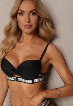 Czarne Bikini z Supełkiem na Biustonoszu z Ozdobnymi Paseczkami i Napisami Bibalia