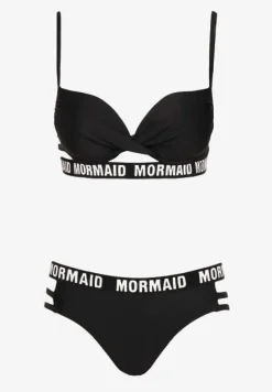 Czarne Bikini z Supełkiem na Biustonoszu z Ozdobnymi Paseczkami i Napisami Bibalia