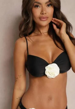 Czarne Bikini z Wiązaną Górą Ozdobione Kwiatowymi Aplikacjami Rivashan