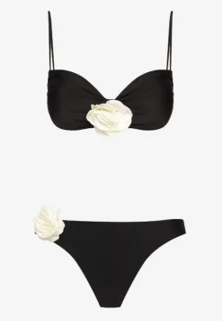 Czarne Bikini z Wiązaną Górą Ozdobione Kwiatowymi Aplikacjami Rivashan