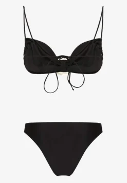 Czarne Bikini z Wiązaną Górą Ozdobione Kwiatowymi Aplikacjami Rivashan