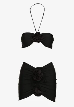 Czarne Bikini ze Spódniczką Ozdobione Kwiatową Aplikacją 3D Coren