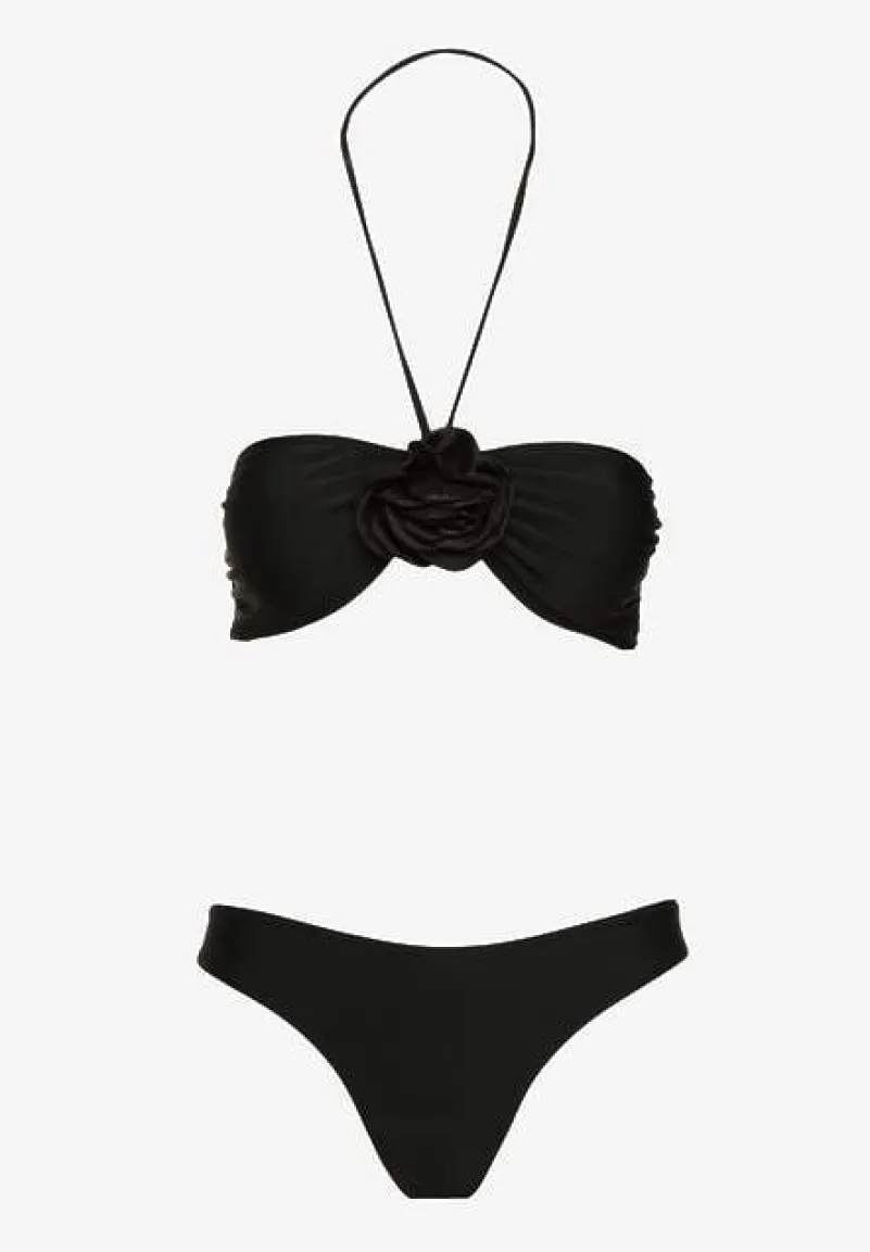 Czarne Bikini ze Spódniczką Ozdobione Kwiatową Aplikacją 3D Coren