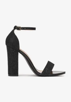 Czarne Brokatowe Sandały na Wysokim Słupkowym Obcasie Keila