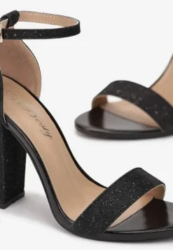 Czarne Brokatowe Sandały na Wysokim Słupkowym Obcasie Keila