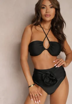 Czarne 2-Częściowe Bikini Stanik Zapinany przy Szyi z Wiązaniem Figi z Wysokim Stanem Nanselian