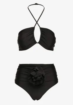 Czarne 2-Częściowe Bikini Stanik Zapinany przy Szyi z Wiązaniem Figi z Wysokim Stanem Nanselian