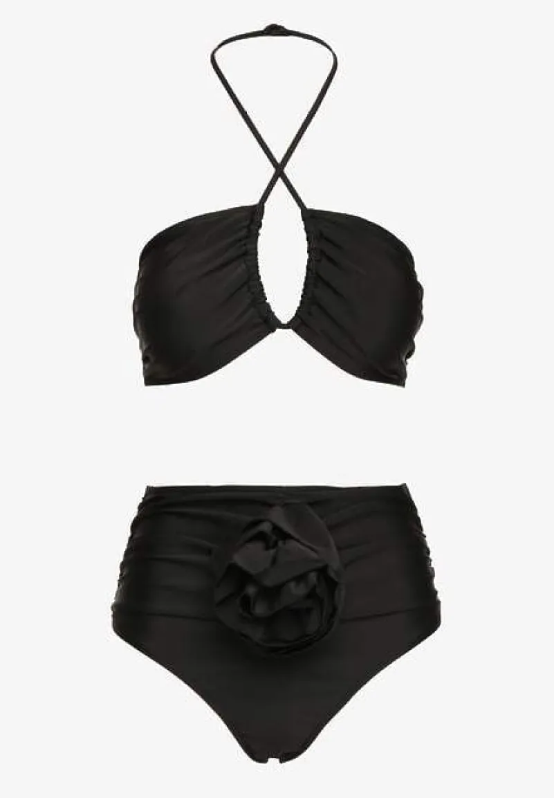 Czarne 2-Częściowe Bikini Stanik Zapinany przy Szyi z Wiązaniem Figi z Wysokim Stanem Nanselian