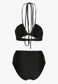 Czarne 2-Częściowe Bikini Stanik Zapinany przy Szyi z Wiązaniem Figi z Wysokim Stanem Nanselian