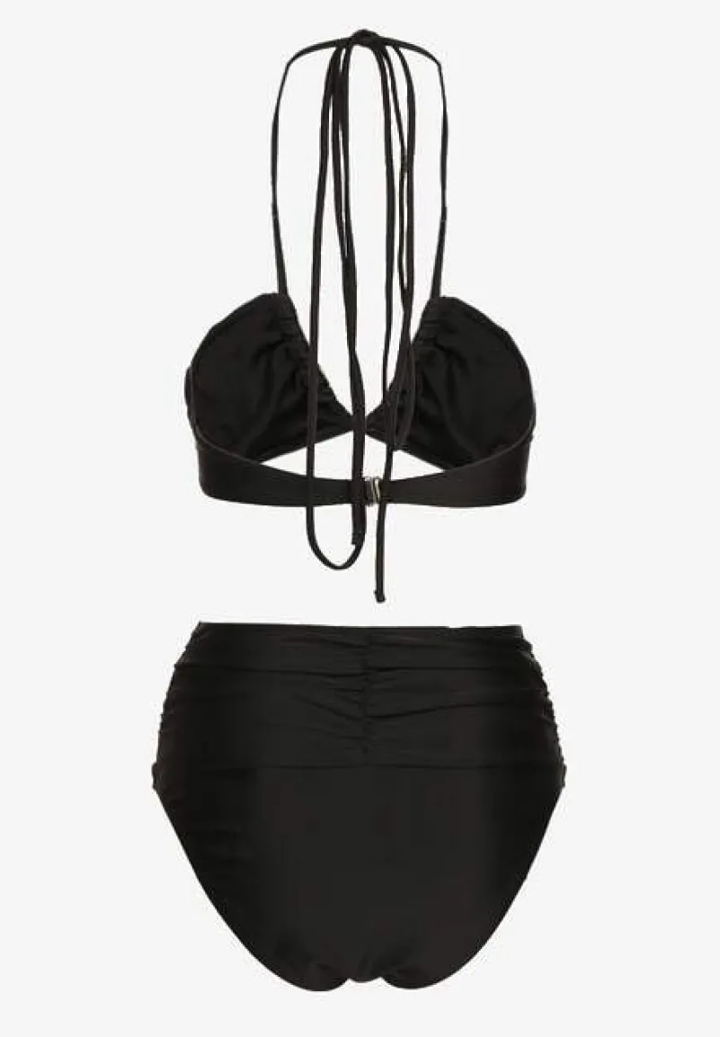 Czarne 2-Częściowe Bikini Stanik Zapinany przy Szyi z Wiązaniem Figi z Wysokim Stanem Nanselian