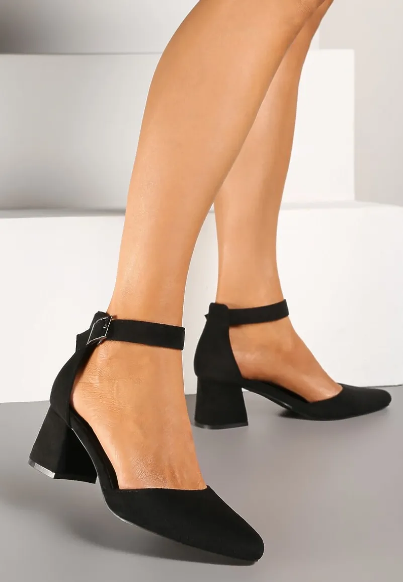 Czarne Czółenka na Słupku Vices ze Skórzaną Wkładką i Paskiem Wokół Kostki Eveliri