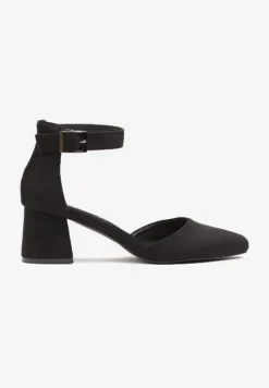 Czarne Czółenka na Słupku Vices ze Skórzaną Wkładką i Paskiem Wokół Kostki Eveliri