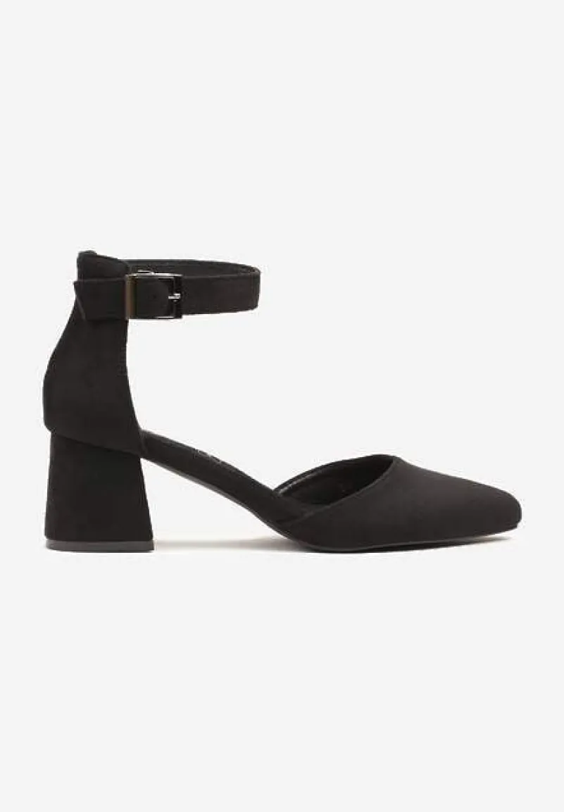 Czarne Czółenka na Słupku Vices ze Skórzaną Wkładką i Paskiem Wokół Kostki Eveliri