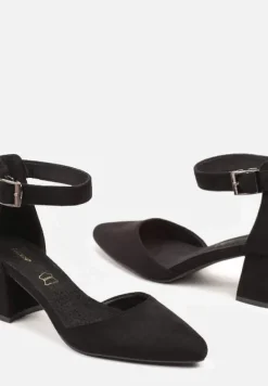 Czarne Czółenka na Słupku Vices ze Skórzaną Wkładką i Paskiem Wokół Kostki Eveliri