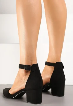 Czarne Czółenka na Słupku Vices ze Skórzaną Wkładką i Paskiem przy Kostce Nurilora