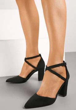 Czarne Czółenka na Słupku ze Skórzaną Wkładką i Ozdobnymi Paskami Leaniria