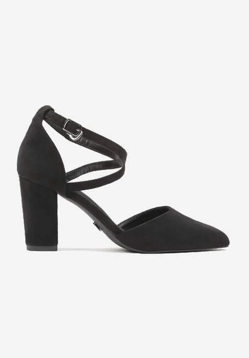 Czarne Czółenka na Słupku ze Skórzaną Wkładką i Ozdobnymi Paskami Leaniria