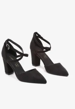 Czarne Czółenka na Słupku ze Skórzaną Wkładką i Ozdobnymi Paskami Leaniria