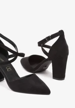 Czarne Czółenka na Słupku ze Skórzaną Wkładką i Ozdobnymi Paskami Leaniria