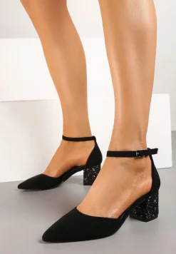 Czarne Czółenka Vices na Brokatowym Słupku z Wkładką ze Skóry Naturalnej Seathra