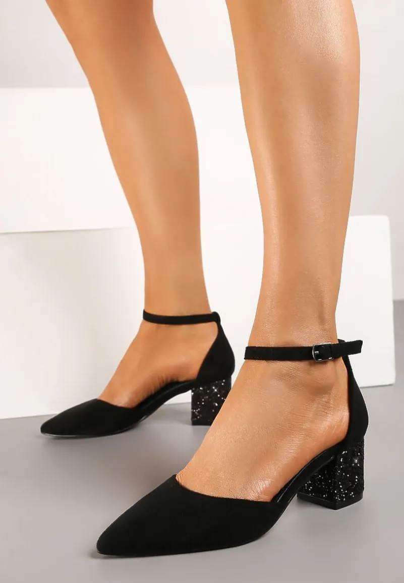 Czarne Czółenka Vices na Brokatowym Słupku z Wkładką ze Skóry Naturalnej Seathra