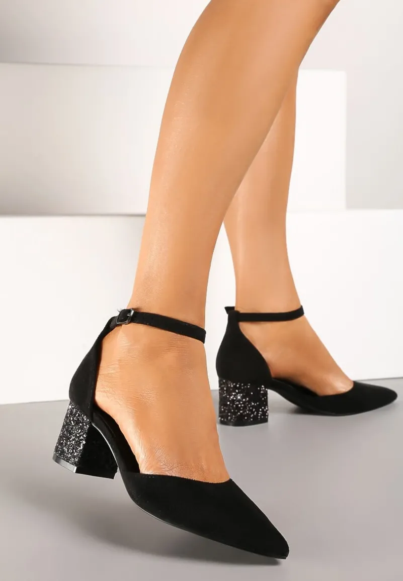 Czarne Czółenka Vices na Brokatowym Słupku z Wkładką ze Skóry Naturalnej Seathra